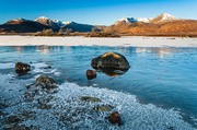 Ice-covered grass on the edge of Lochan na h'Achlaise, Rannoch Moor, Scotland. HC010