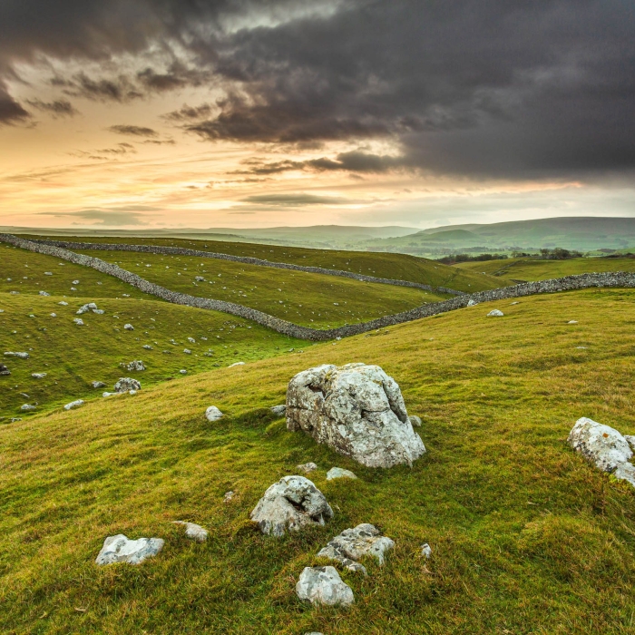 Dawn light on the rolling Dales landscape near Pateley Bridge, Nidderdale, Yorkshire, England. EL011