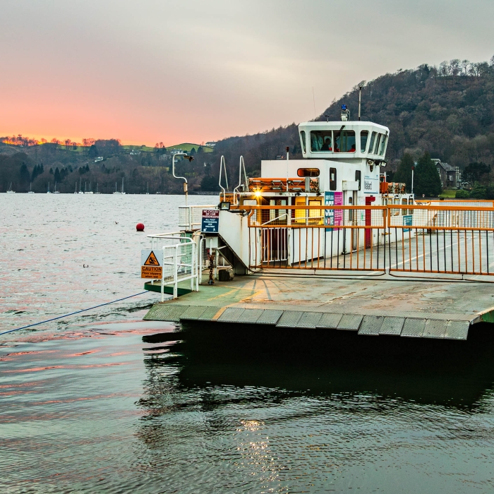 Windermere Ferry at dusk, Bowness, Cumbria, England. EL023