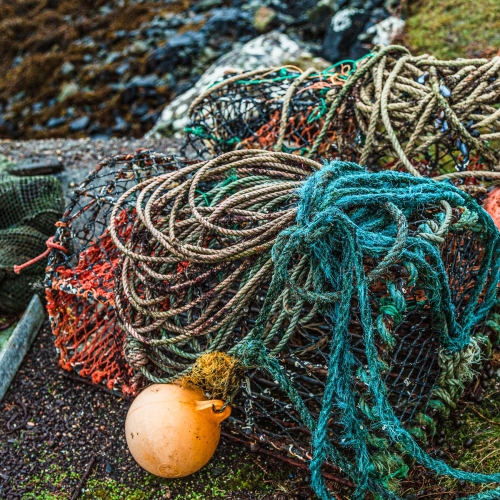 Lobster pots, ropes and buoys, Orinsay, Lewis HB024