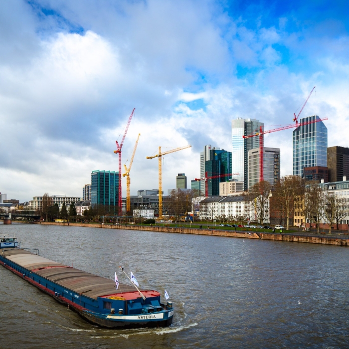 Barge travelling up the Main through Frankfurt's financial district. FF001