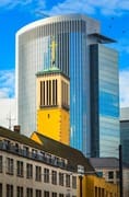 Matthauskirche (St Matthew's Church) and the Pollux Tower in the Gallus district of Frankfurt am Main, Hesse, Germany. FF020