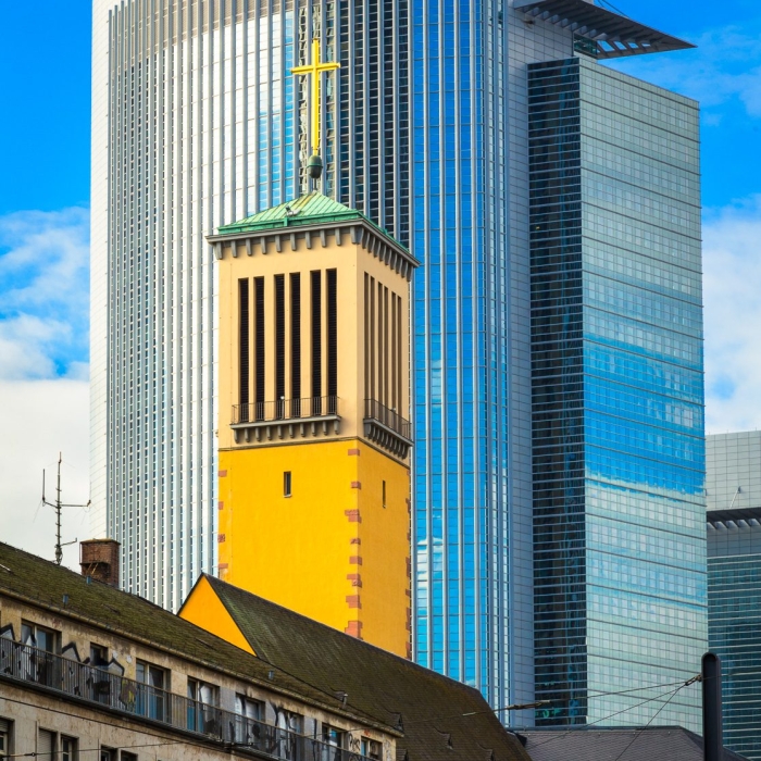 Matthauskirche (St Matthew's Church) and the Pollux Tower in the Gallus district of Frankfurt am Main, Hesse, Germany. FF020