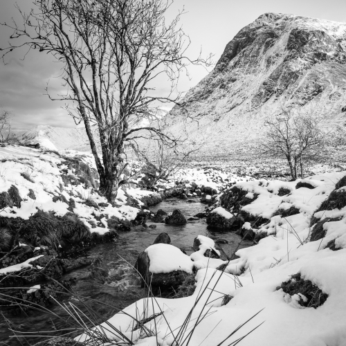 River Coupall and Buachaille Etive Mor in Snow, Glencoe, Scotland. SM009