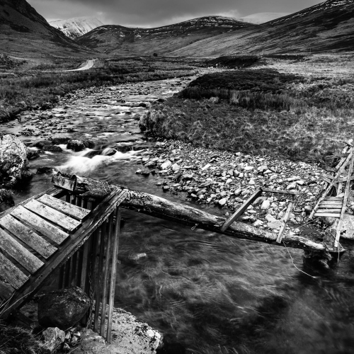 Collapsed footbridge in Glen Isla, Angus, Scotland. SM018