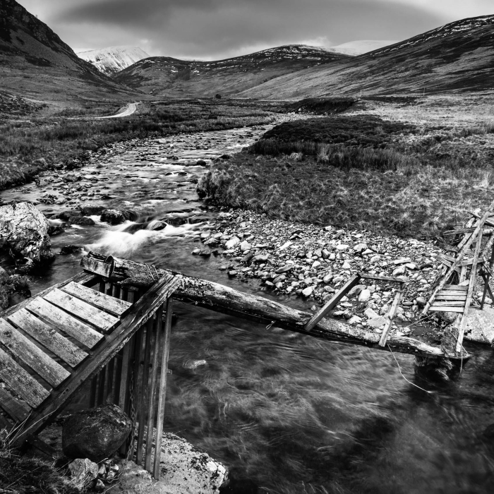 Collapsed footbridge in Glen Isla, Angus, Scotland. SM018