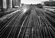 Railway lines approaching Dundee station, Dundee, Scotland, United Kingdom.