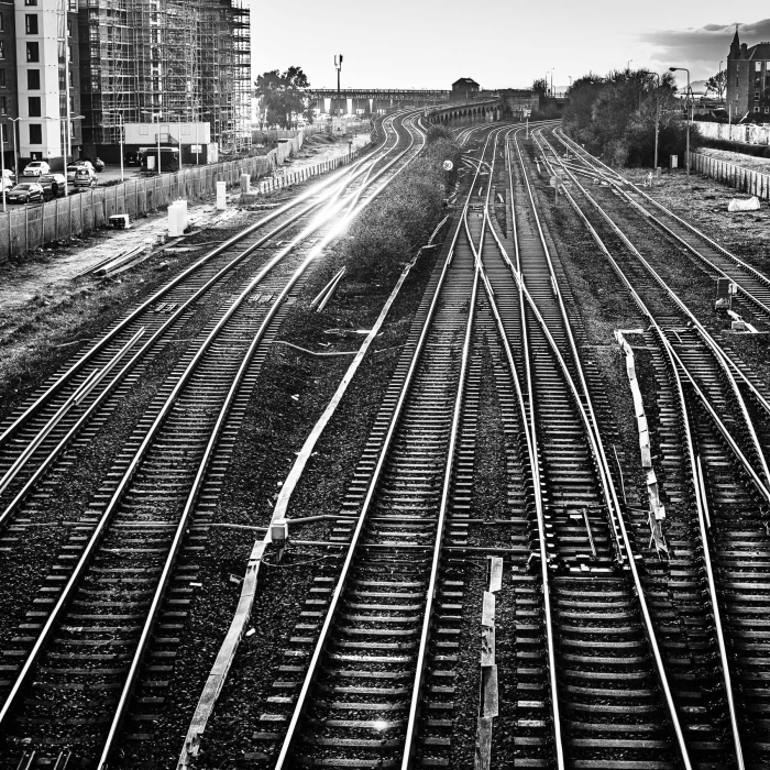 Railway lines approaching Dundee station, Dundee, Scotland, United Kingdom.