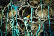 Stacked prawn pots at Roundstone Harbour, Connemara, County Galway. IL006