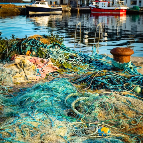 Piled nets and ropes, Roundstone harbour, Connemara, County Galway.