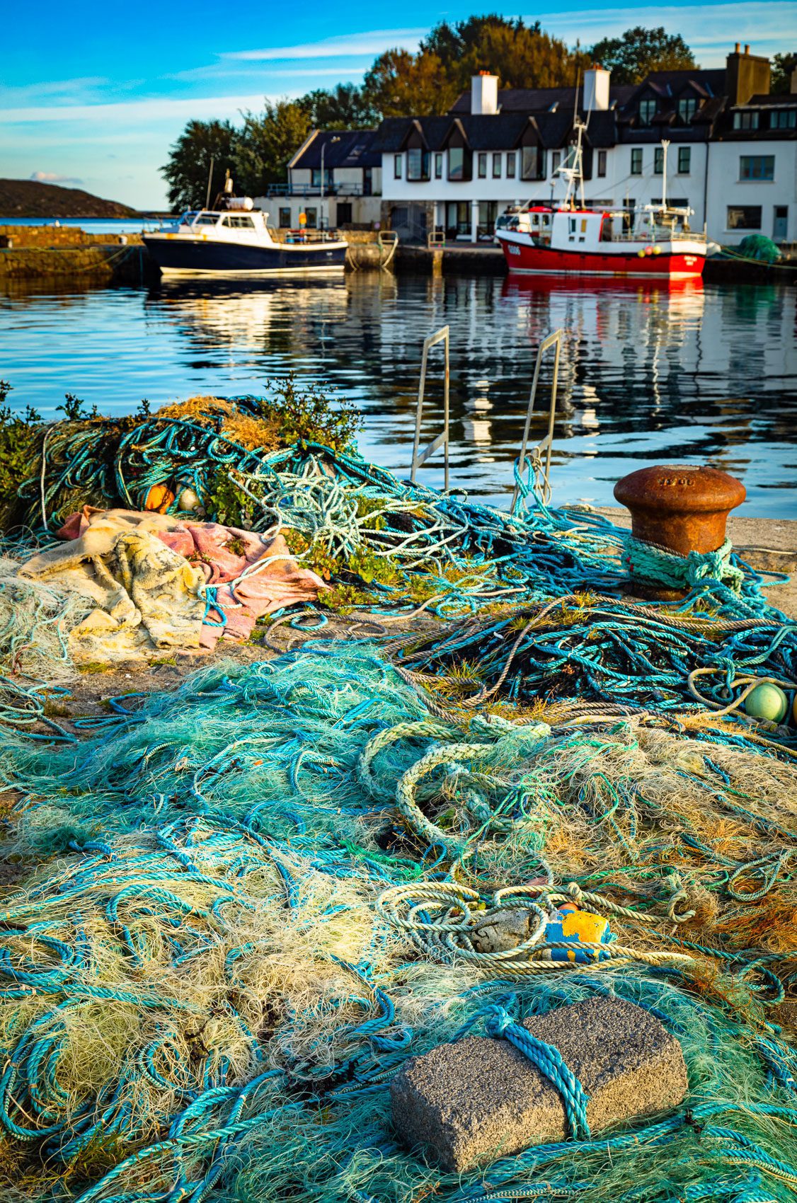 Piled nets and ropes, Roundstone harbour, Connemara, County Galway.