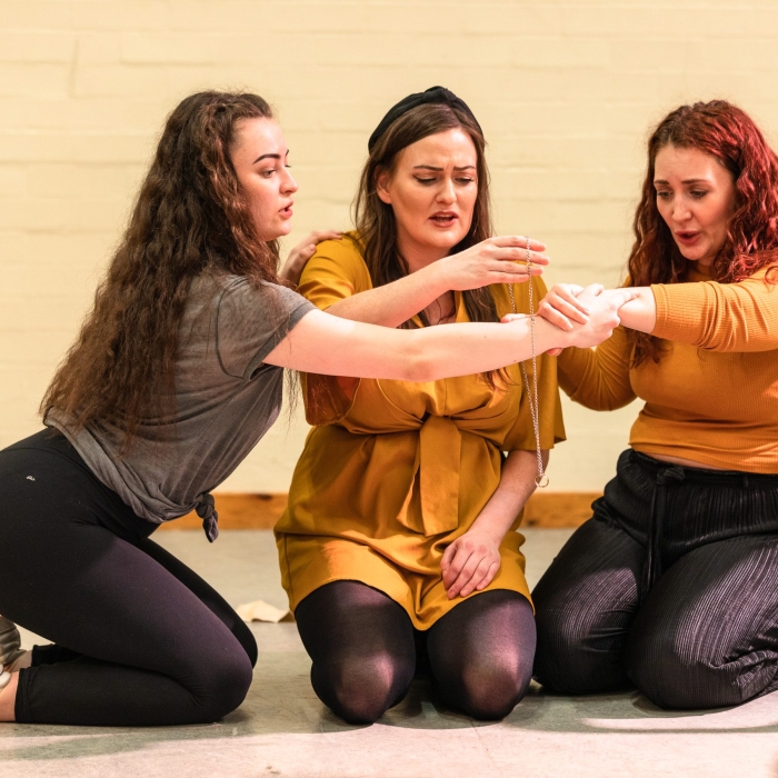 Lydia Davidson, Lori Flannigan and Nina Gray of Fearless Players rehearsing for 'Armour: A Herstory of the Scottish Bard'. FP009