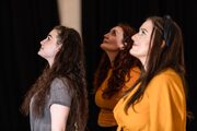 Lydia Davidson, Lori Flannigan and Nina Gray of Fearless Players rehearsing for 'Armour: A Herstory of the Scottish Bard'. FP010