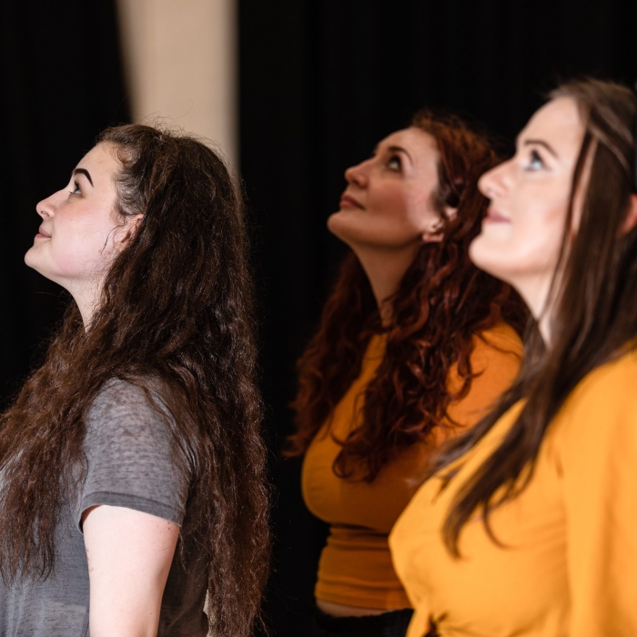 Lydia Davidson, Lori Flannigan and Nina Gray of Fearless Players rehearsing for 'Armour: A Herstory of the Scottish Bard'. FP010