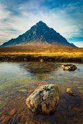 Buachaille Etive Mor casting a shadow in the River Coupall, Rannoch Moor, Scotland. LR004