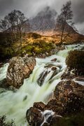 Buachaille Etive Mor and the Coupall Falls in spate, Glen Etive, Scotland. LR003