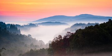 Misty dawn over Loch Drunkie, The Trossachs, Scotland. TR006