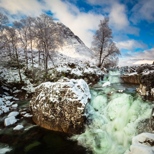 A frozen Coupall Falls, Glen Etive, Scotland.