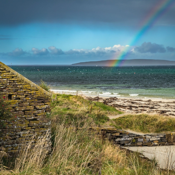 Rainbow over Eynhallow Sound from Evie, Mainland, Orkney Islands. OR022