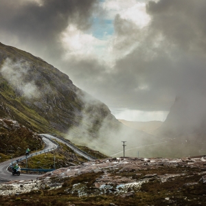 Motorcyclists ascending the Bealach na Ba (Pass of the Cattle) into Applecross, Scotland. AP015