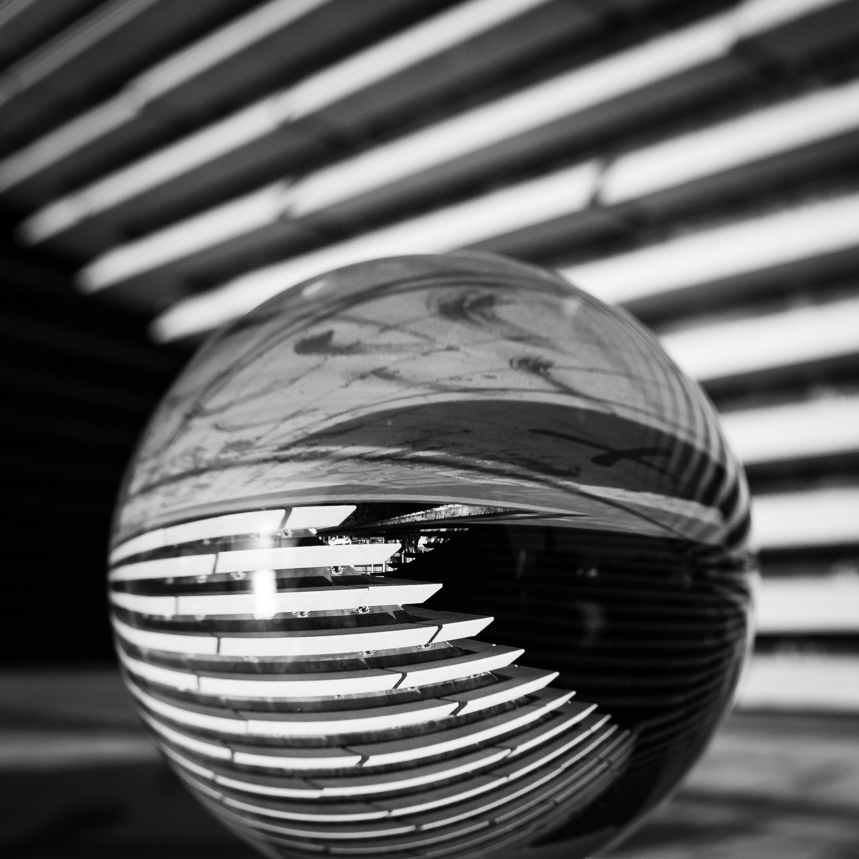 V&A Dundee building reflected in a glass sphere, Dundee, Scotland.