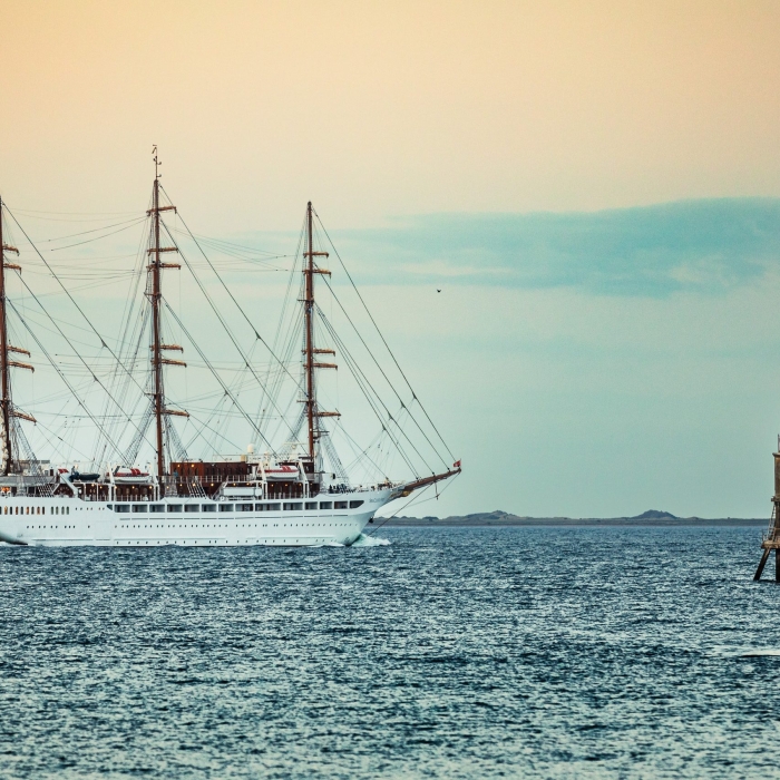 Sea Cloud Spirit sailing ship departing port from Dundee, Scotland 