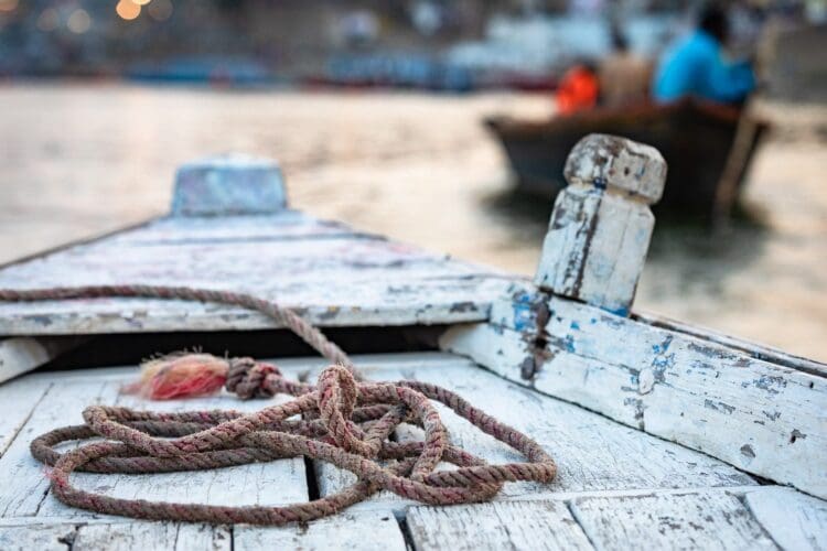 Coiled rope on boat on the Ganges at Varanasi, India.