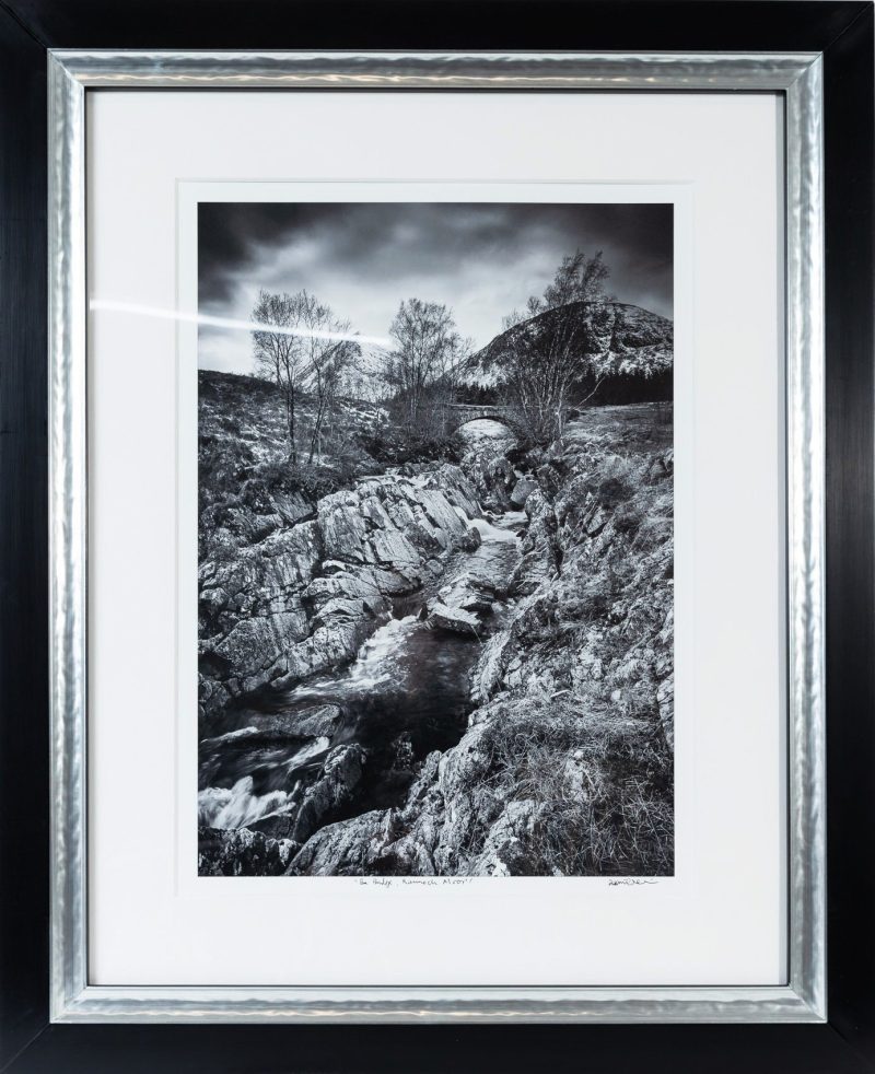 Framed Monochrome Print of Ba Bridge, Rannoch Moor