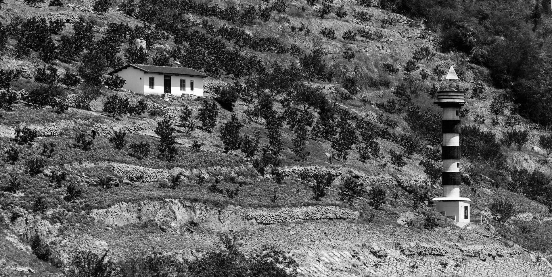 Navigation post and terrace cultivation on the Yangtze, China.